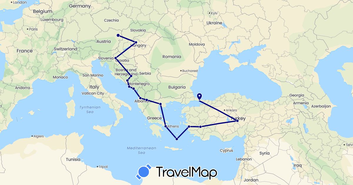 TravelMap itinerary: driving in Albania, Austria, Bosnia and Herzegovina, Greece, Croatia, Hungary, Montenegro, Macedonia, Turkey (Asia, Europe)