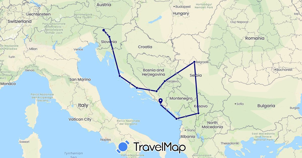 TravelMap itinerary: driving in Bosnia and Herzegovina, Croatia, Montenegro, Serbia, Slovenia, Kosovo (Europe)